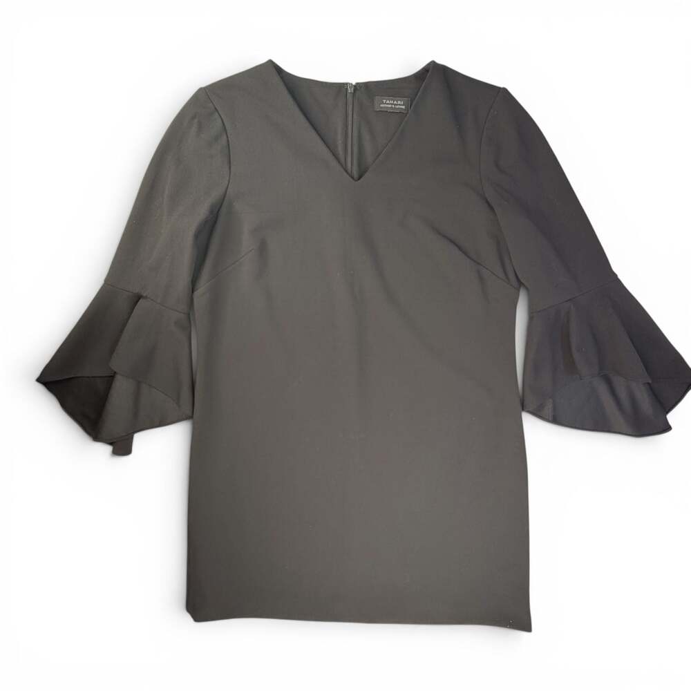 Tahari Arthur S. Levine Black V-Neck Tiered Bell Sleeve Shift Dress